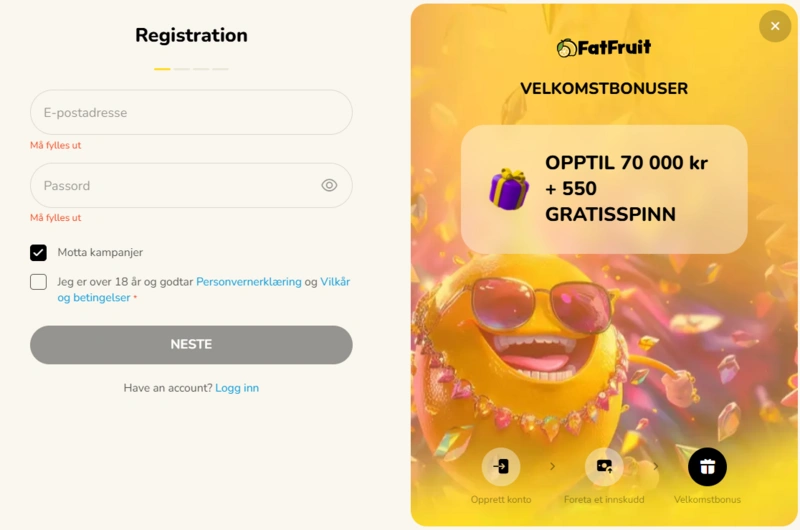 FatFruit Registering første trinn